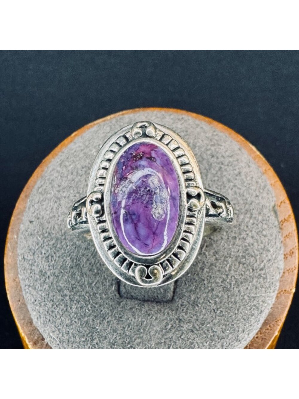 VTG Solid Sterling Silver 925 Charoite Bezel Set Statement Ring Size 7.75